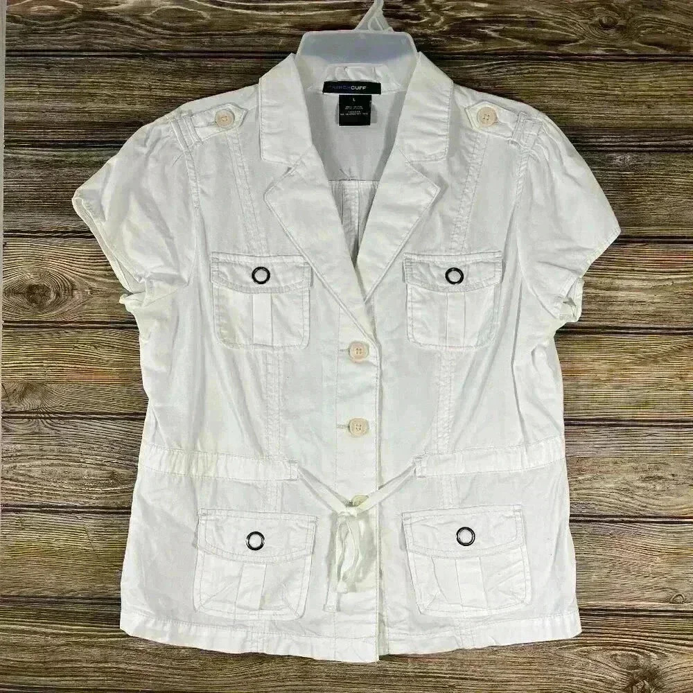 French Cuff White Short Sleeve Button Up Cotton Cargo Shirt w/Drawstring Large